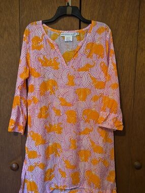 Gretchen Scott Pink & Orange Elephant Print Tunic Top Sz XL